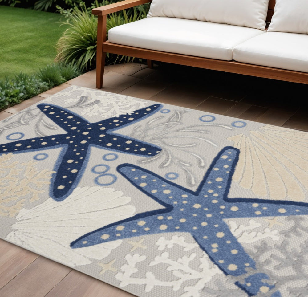 HomeRoots 7' Navy Blue and Gray Starfish Area Rug – Coastal Charm for Indoor & Outdoor Spaces, Durable & Stylish 546821