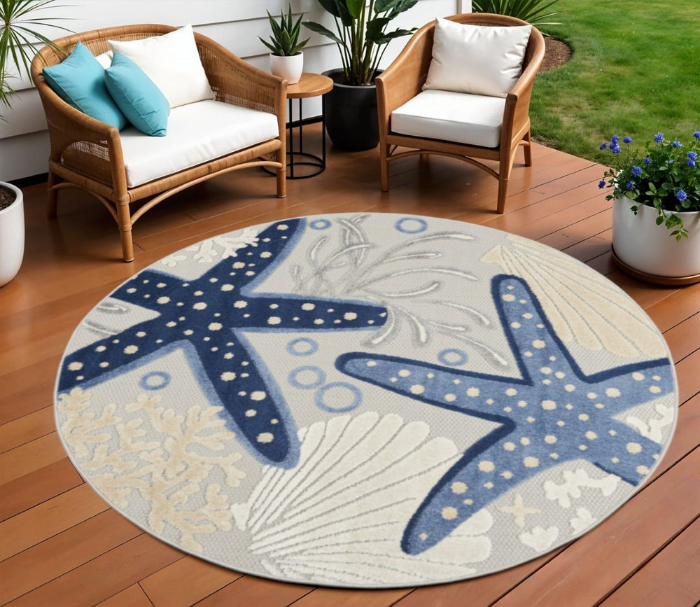 HomeRoots 8' Navy Blue and Gray Round Starfish Area Rug – Stylish, Stain-Resistant, Indoor/Outdoor Versatility! 546822