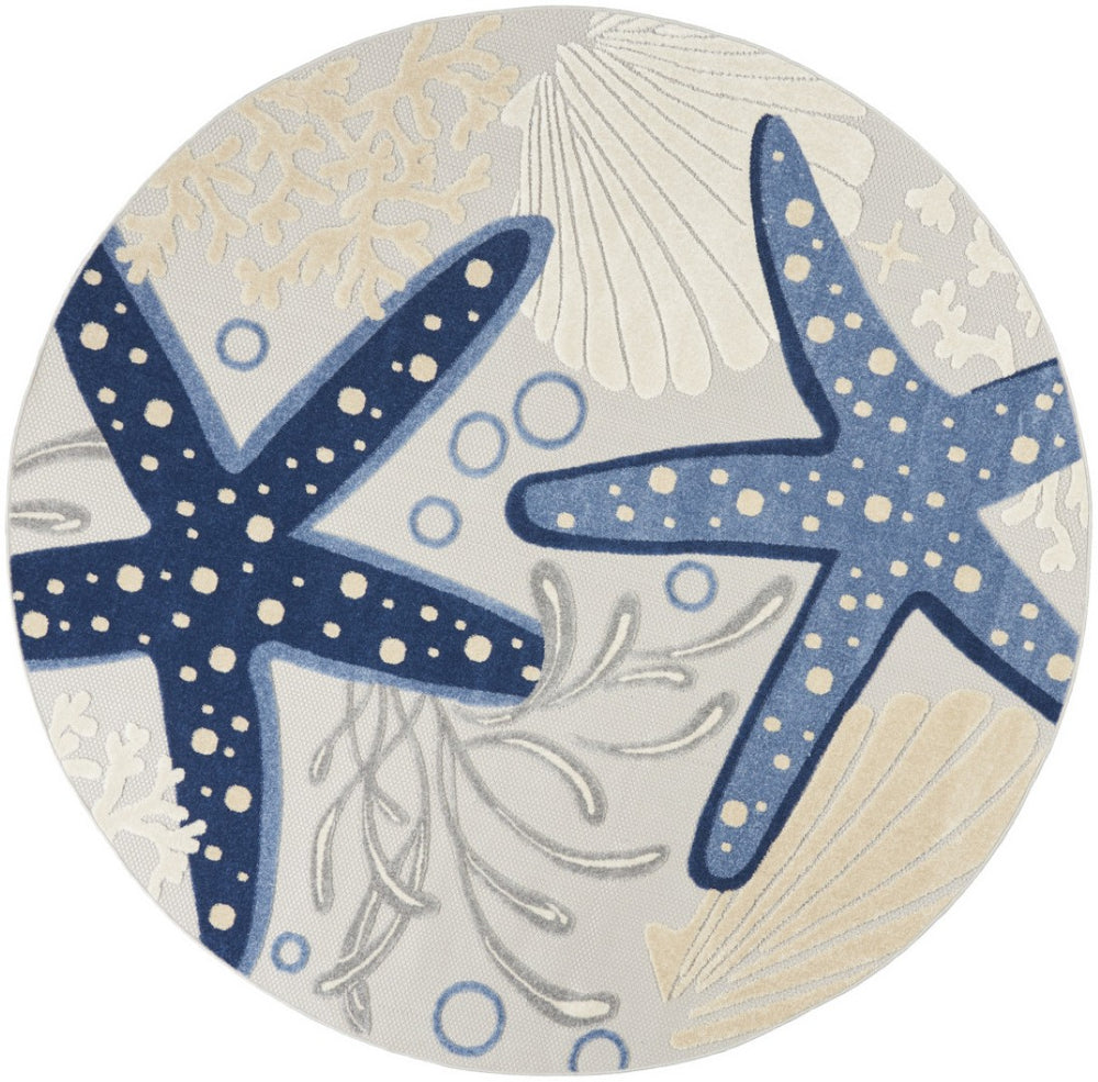 HomeRoots 8' Navy Blue and Gray Round Starfish Area Rug – Stylish, Stain-Resistant, Indoor/Outdoor Versatility! 546822