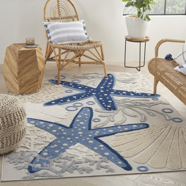 HomeRoots 5' X 8' Navy Blue Starfish Area Rug - Stylish Indoor/Outdoor Coastal Décor for Home & Patio Use 546824