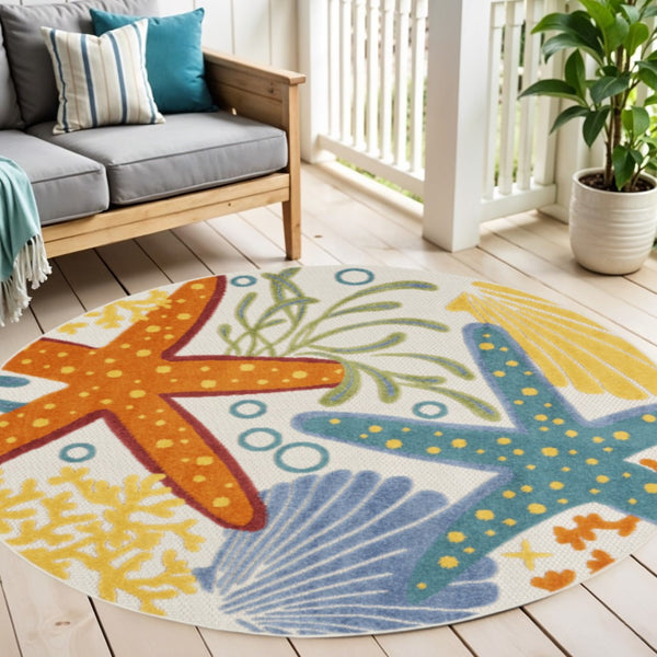 HomeRoots 5' Coastal Starfish Indoor Outdoor Area Rug - Vibrant Blue, Yellow, and Orange Design for Any Space 5' Round 546827