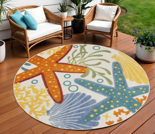 HomeRoots 5' Coastal Starfish Indoor Outdoor Area Rug - Vibrant Blue, Yellow, and Orange Design for Any Space 8' Round 546828