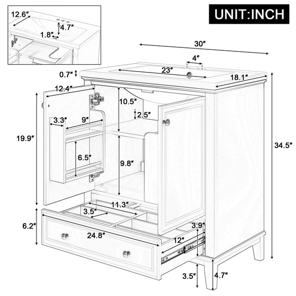 English Elm 30" Bathroom Vanity with Sink — Modern Freestanding 30" Cabinet with Ceramic Top, Drawer, Doors, Shelf Green N725P221263C