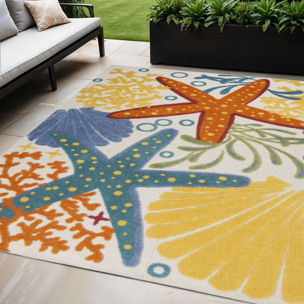HomeRoots 5' Coastal Starfish Indoor Outdoor Area Rug - Vibrant Blue, Yellow, and Orange Design for Any Space 5' X 8' 546832