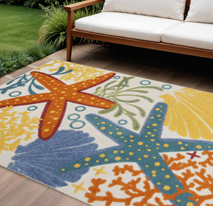 HomeRoots 5' Coastal Starfish Indoor Outdoor Area Rug - Vibrant Blue, Yellow, and Orange Design for Any Space 8' X 11' 546833
