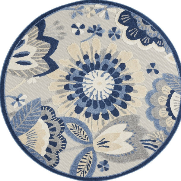 HomeRoots 5' Blue and Gray Floral Area Rug - Durable Indoor/Outdoor Design for Stylish High-Traffic Spaces 5' Round 546835