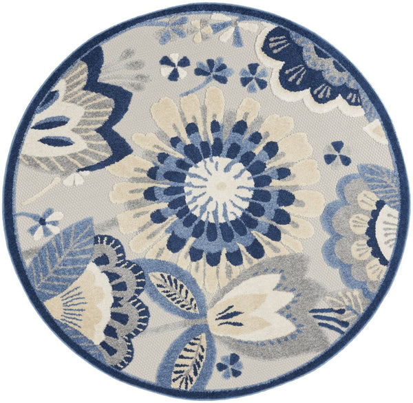HomeRoots 5' Blue and Gray Floral Area Rug - Durable Indoor/Outdoor Design for Stylish High-Traffic Spaces 5' Round 546835
