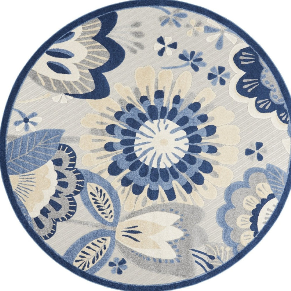 HomeRoots 5' Blue and Gray Floral Area Rug - Durable Indoor/Outdoor Design for Stylish High-Traffic Spaces 8' Round 546837
