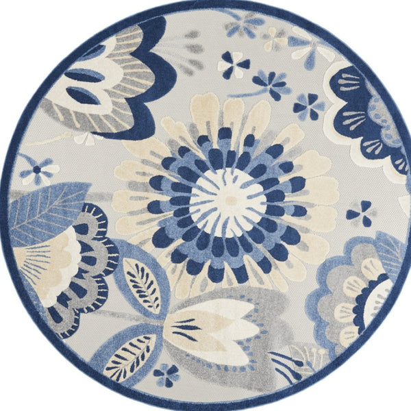 HomeRoots 5' Blue and Gray Floral Area Rug - Durable Indoor/Outdoor Design for Stylish High-Traffic Spaces 8' Round 546837