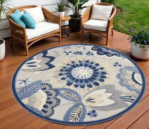 HomeRoots 5' Blue and Gray Floral Area Rug - Durable Indoor/Outdoor Design for Stylish High-Traffic Spaces 8' Round 546837