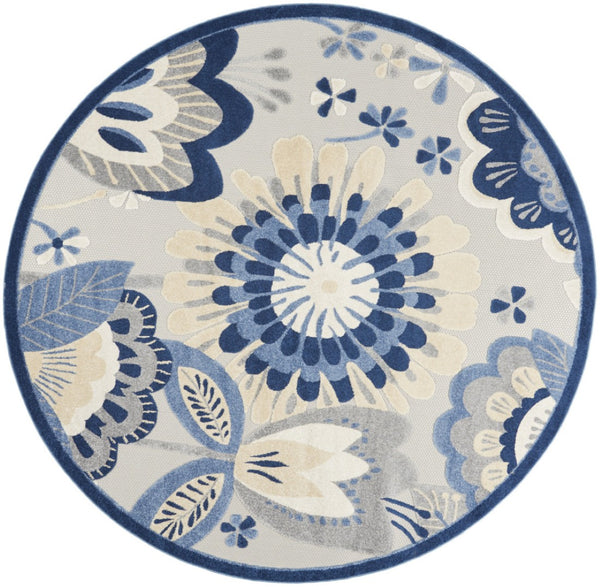 HomeRoots 5' Blue and Gray Floral Area Rug - Durable Indoor/Outdoor Design for Stylish High-Traffic Spaces 8' Round 546837