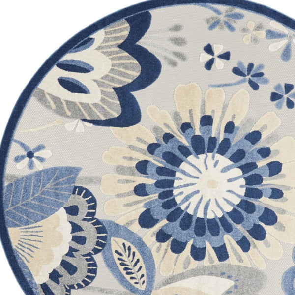 HomeRoots 5' Blue and Gray Floral Area Rug - Durable Indoor/Outdoor Design for Stylish High-Traffic Spaces 8' Round 546837
