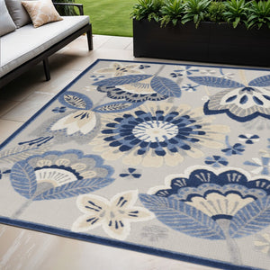 HomeRoots 5' Blue and Gray Floral Area Rug - Durable Indoor/Outdoor Design for Stylish High-Traffic Spaces 5' X 8' 546839