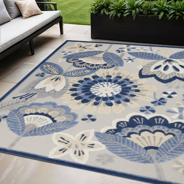 HomeRoots 5' Blue and Gray Floral Area Rug - Durable Indoor/Outdoor Design for Stylish High-Traffic Spaces 5' X 8' 546839