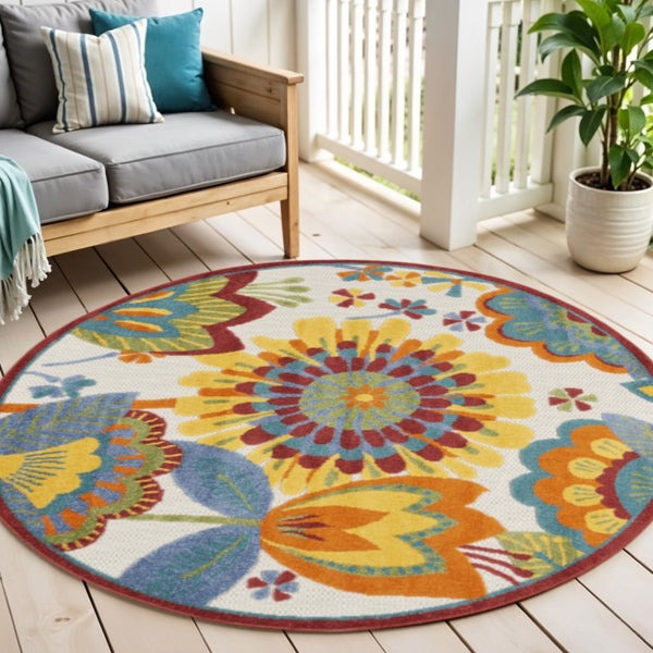 HomeRoots 5' Vibrant Floral Area Rug for Indoor and Outdoor Spaces – Durable, Stain-Resistant, Easy-Care Design 5' Round 546843
