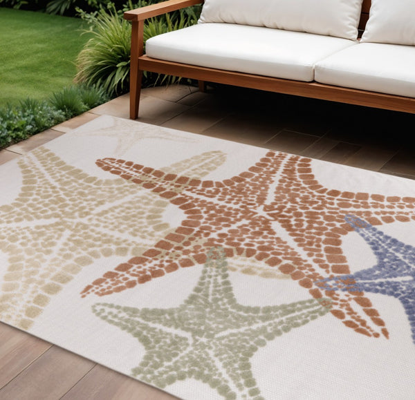 HomeRoots 9' Coastal Starfish Indoor Outdoor Area Rug - Vibrant Ivory, Blue, Yellow, Orange & Green Design 546866