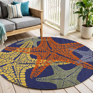 HomeRoots 5' Coastal Starfish Area Rug in Bright Blue, Yellow, and Orange - Indoor/Outdoor Versatile Charm! 546869