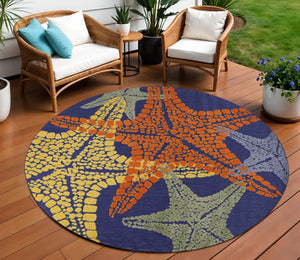 HomeRoots 8' Coastal Starfish Area Rug - Colorful Round Design for Indoor & Outdoor Spaces, Durable & Easy-Care 546871