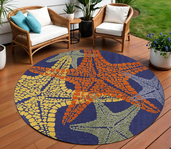 HomeRoots 8' Coastal Starfish Area Rug - Colorful Round Design for Indoor & Outdoor Spaces, Durable & Easy-Care 546871