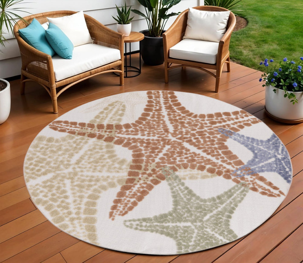 HomeRoots 8' Coastal Charm Round Area Rug with Starfish Design - Vibrant Indoor/Outdoor Accent for Any Space 546880