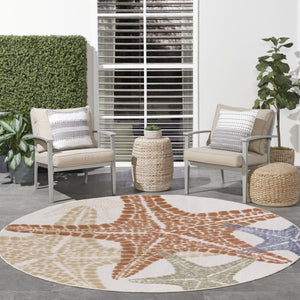HomeRoots 8' Coastal Charm Round Area Rug with Starfish Design - Vibrant Indoor/Outdoor Accent for Any Space 546880