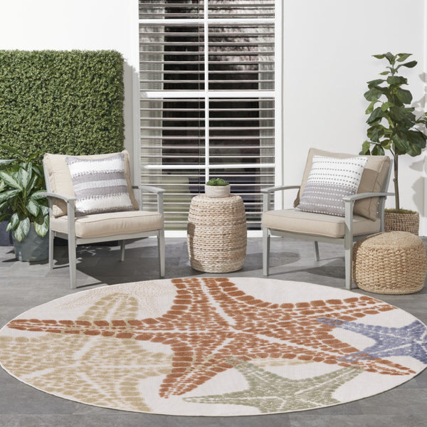HomeRoots 8' Coastal Charm Round Area Rug with Starfish Design - Vibrant Indoor/Outdoor Accent for Any Space 546880