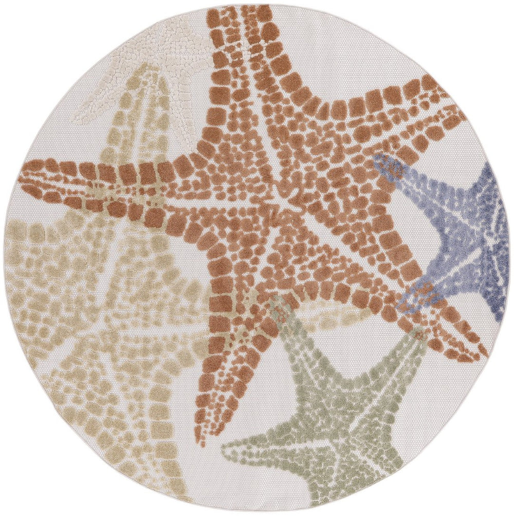 HomeRoots 8' Coastal Charm Round Area Rug with Starfish Design - Vibrant Indoor/Outdoor Accent for Any Space 546880