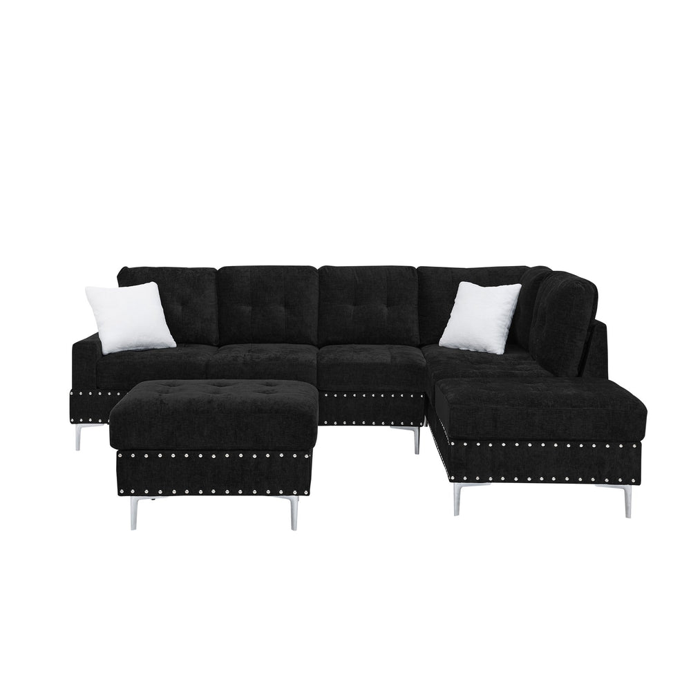 English Elm Sectional L-Shaped Chenille Sofa with Chaise Storage Ottoman, Metal Eucalyptus Frame, 4-Seater Spacious Black W1413S00117