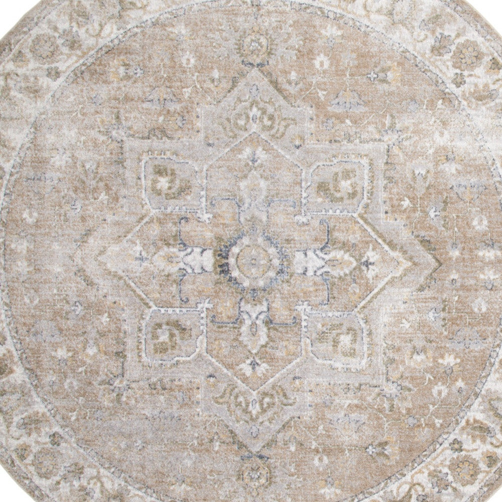 Homeroots 5' Beige And Ivory Round Floral Medallion Power Loom Washable Area Rug  Polyester 546909