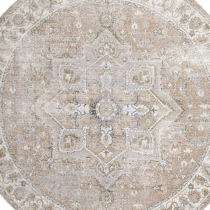 Homeroots 5' Beige And Ivory Round Floral Medallion Power Loom Washable Area Rug  Polyester 546909