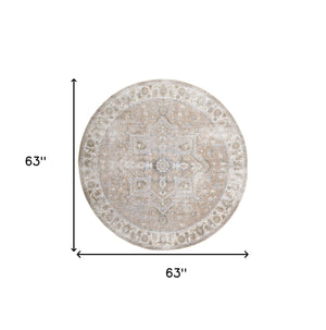Homeroots 5' Beige And Ivory Round Floral Medallion Power Loom Washable Area Rug  Polyester 546909