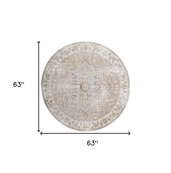 Homeroots 5' Beige And Ivory Round Floral Medallion Power Loom Washable Area Rug  Polyester 546909