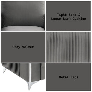 English Elm Wenona Velvet Sofa with Chrome Legs, Pocket Coil Seat, Tight Seat & Loose Back Cushions, Durable Frame Gray 34 L x 20.8 W x 17 H B2726S00428