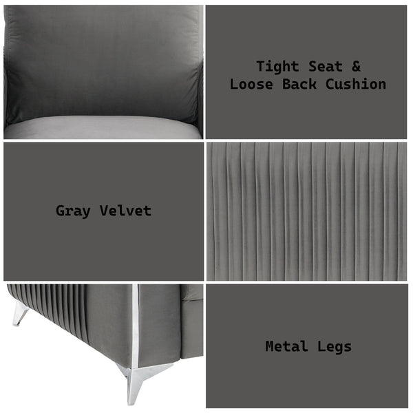 English Elm Wenona Velvet Sofa with Chrome Legs, Pocket Coil Seat, Tight Seat & Loose Back Cushions, Durable Frame Gray 34 L x 20.8 W x 17 H B2726S00428