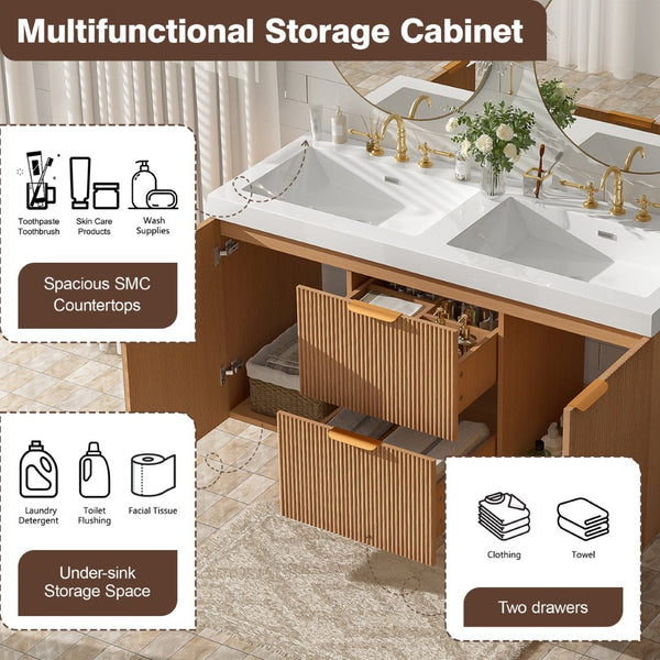 English Elm [video]47.24 Inch Floating Double Sink Vanity Mdf Cabinet Gold Handles Modern Bath N729P000025N