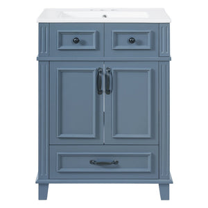 English Elm 24'' Retro Bathroom Vanity Solid Rubberwood Frame Ceramic Sink Soft Close Storage Blue N710P405405C