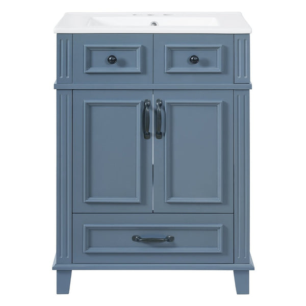 English Elm 24'' Retro Bathroom Vanity Solid Rubberwood Frame Ceramic Sink Soft Close Storage Blue N710P405405C