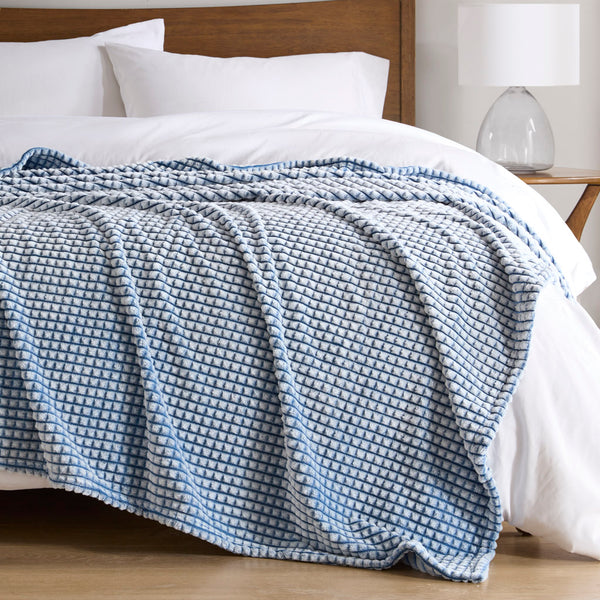 JLA Home Madison Park - Blanket Plush polyester throw with modern grid print, OEKO-TEX certified, lightweight all-season comfort Blue MP51-8426