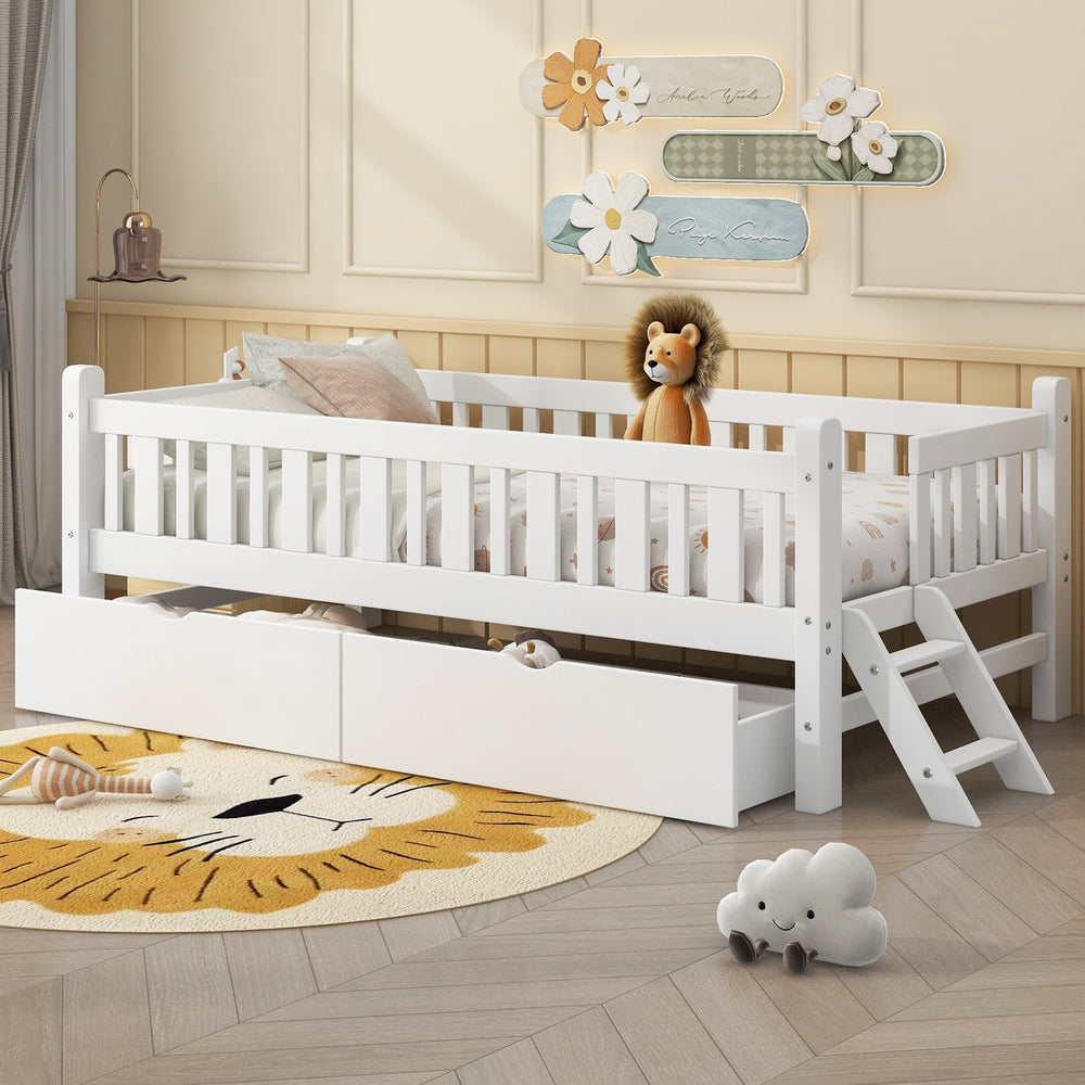 English Elm Wood Twin Platform Bed with Guardrail, Solid Pine Construction, 2 Underbed Drawers for Storage and Playroom Space White N709P242145K