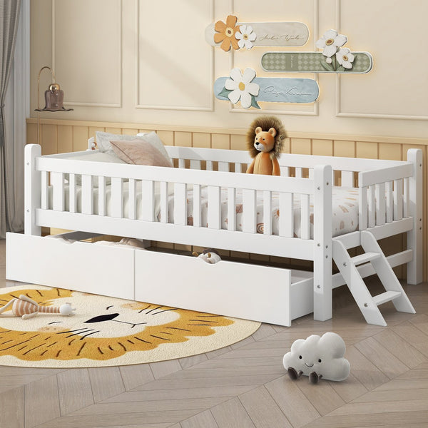 English Elm Wood Twin Platform Bed with Guardrail, Solid Pine Construction, 2 Underbed Drawers for Storage and Playroom Space White N709P242145K