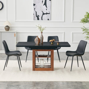 English Elm Scalable Extendable Dining Set Four Chairs Linen Upholstered Walnut Base Modern Walnut+Black W1151S04699