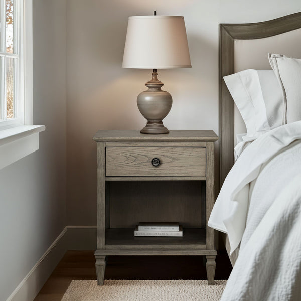 JLA Home Madison Park Signature - one-drawer wood nightstand with shelf — timeless tapered-leg bedside table, hand-finished grain, smooth drawer storage Reclaimed Grey MPS136-0320