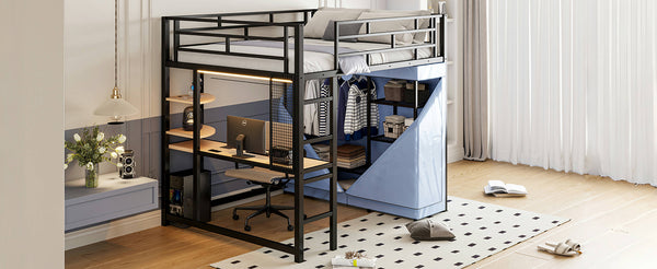 English Elm Full Loft Metal Bed with Built-In Desk, LED Strip, Power Outlet and Fabric Wardrobe for Space-Saving Living Black SF000179AAB