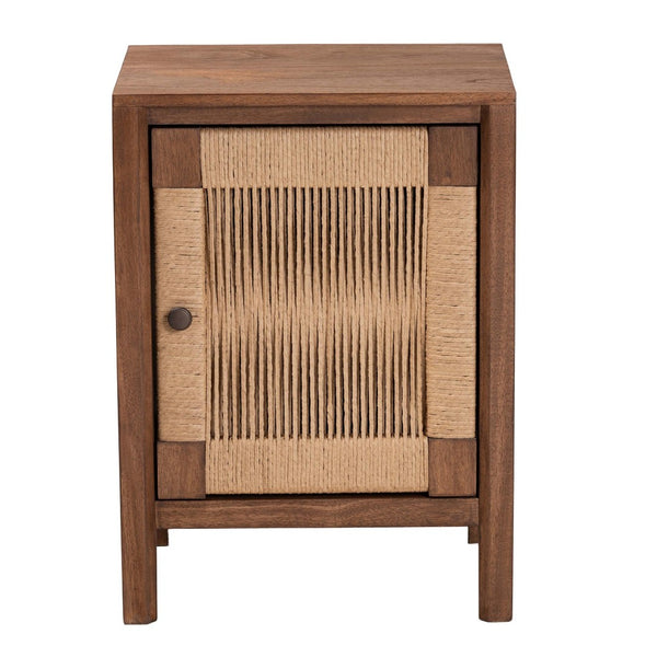 English Elm Modern Bayur Wood Nightstand with Rope Webbing Door and Walnut Finish Boho Bedroom B2750P420387