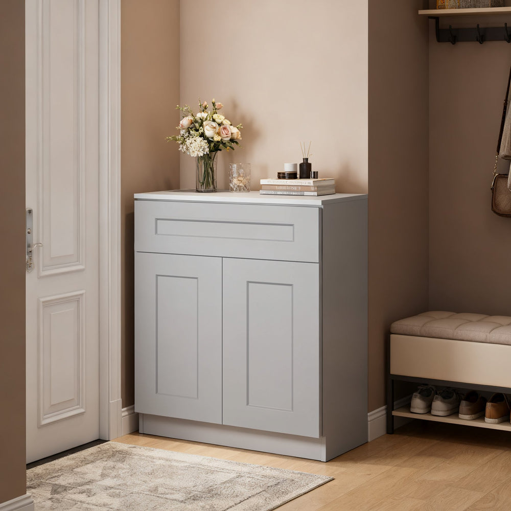 English Elm Light Gray Shaker Double Door Base Cabinet – Solid Wood Storage Solution For Kitchen & Bathroom Spaces T2950P383088