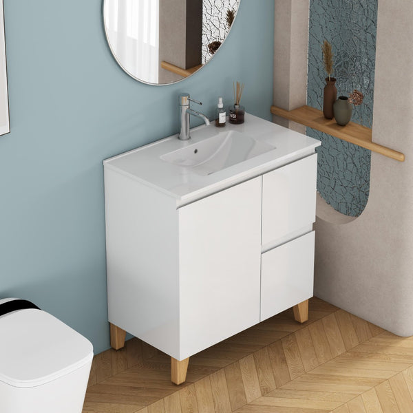 English Elm 31.5-inch Bathroom Vanity Solid Wood Top Ceramic Basin Soft Close Glossy White W3151S00067