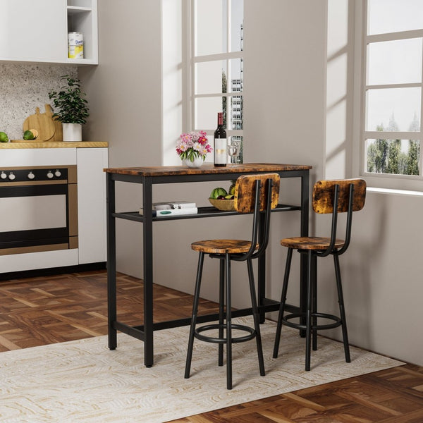 English Elm Bar Table Set with Two Backrest Stools Wood Grain Mdf Industrial Rustic Kitchen W57868883