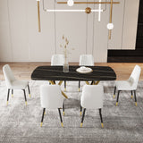 Large Dining Set: Black Marble-Look Table, 6 Leatherette Chairs, Gold Legs