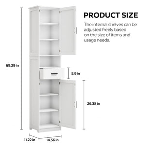 English Elm 69" Tall Bathroom Storage Cabinet with Barn Doors and Drawer, Slim 7-Shelf Floor Unit for Small Spaces White W3457P336681