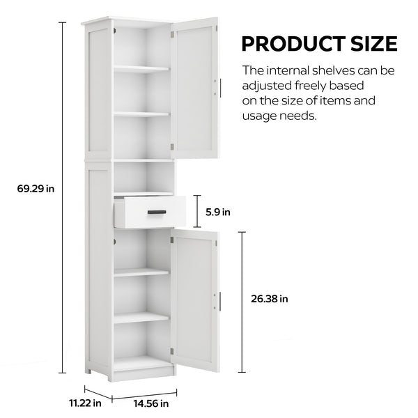 English Elm 69" Tall Bathroom Storage Cabinet with Barn Doors and Drawer, Slim 7-Shelf Floor Unit for Small Spaces White W3457P336681